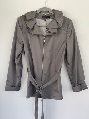 Escada Taupe Ruffle-Collar Trench Jacket